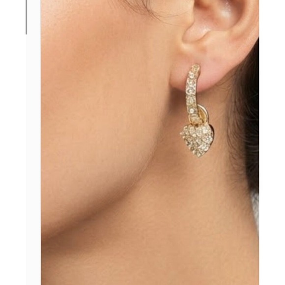 Swarovski Jewelry - Swarovski Gold Heart Drop Earrings Crystal Pave Huggie Hoop Dangle